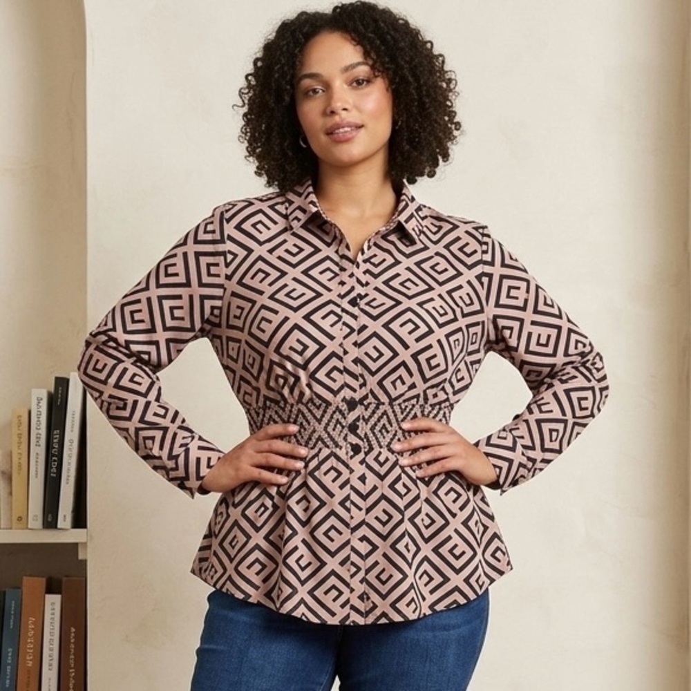 Sweet Rain Geometric Print Blouse X-Large Smocked Waist Long Sleeve Pink/Black